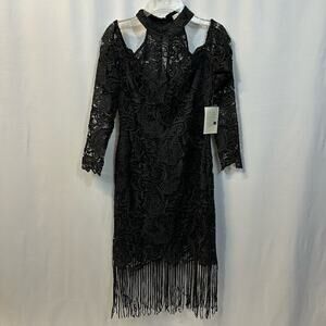 Boston Proper Black Lace Cold Shoulder High Neck Fringe Flapper Dress 8 NWT
